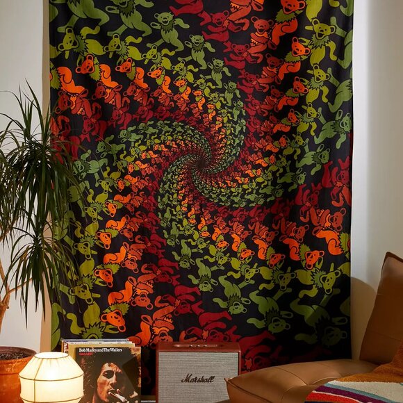 Grateful Dead Dancing Bears Wood Spiral Tapestry~ 60" x 90" ~Corner Loops ~ New! - Picture 1 of 5